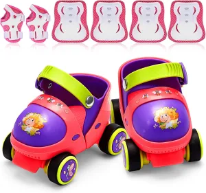 4 Pairs Toddlers Adjustable Roller Skates Knee Pads Elbow Pads Wrist Guards Set Skate Shoes with Safe Lock Mode for Kids Age 2-6 Quad Skates for Boys Girls Beginners Children