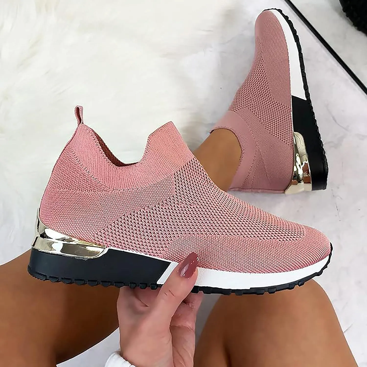 Air Cushion Slip-on Walking Shoes for Women,Orthopedic Diabetic Walking Shoes with Arch Support,Casual Breathable Knit Mesh Wedge Platform Sneaker Sandals