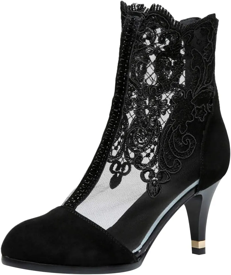 ANUFER Women Breathable Lace Peep Toe/Closed Toe Block Kitten Heel Summer Sandal Booties Dress Pumps Shoes