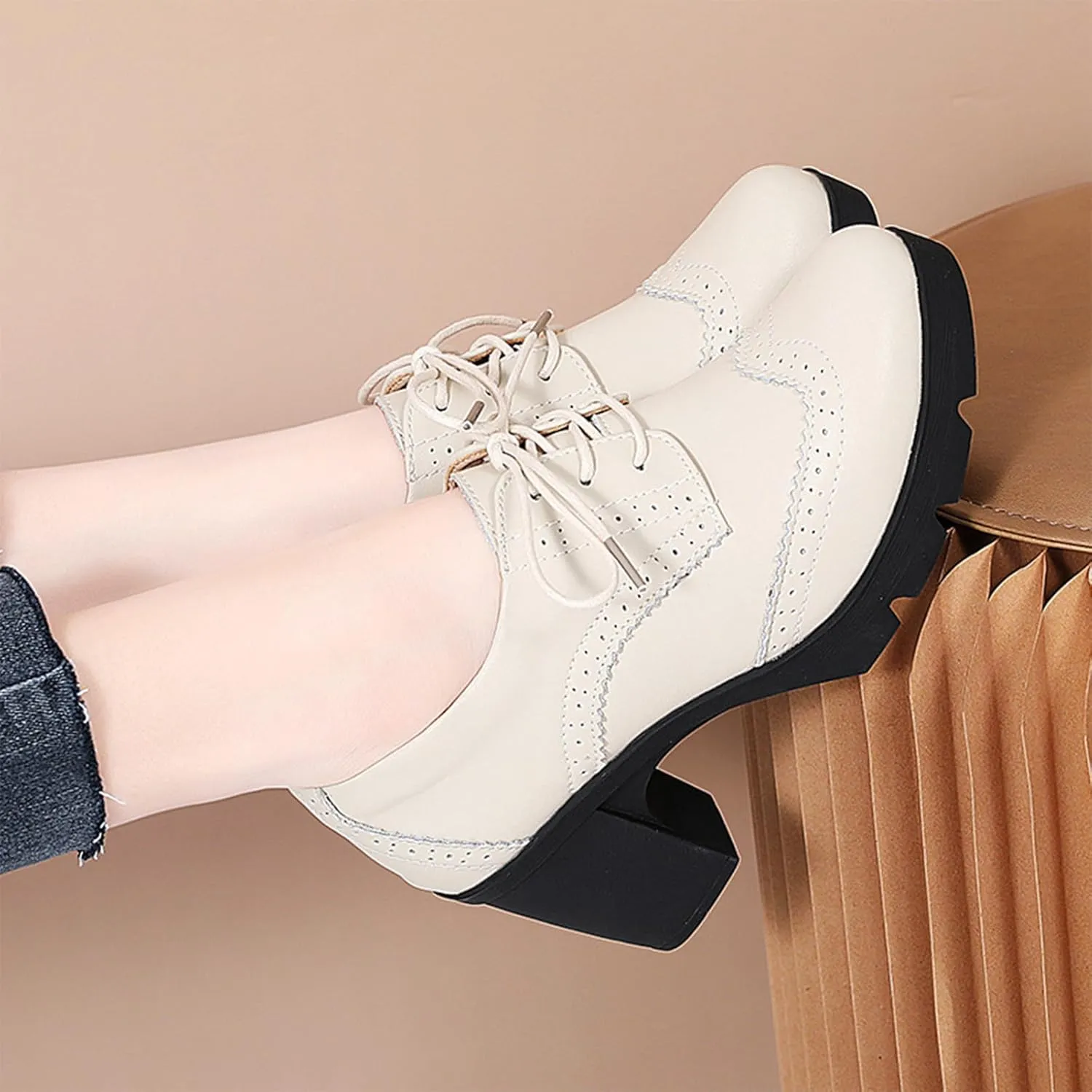 ANUFER Women's Block Heel Lace-Up Brogues Derby Shoes Pumps Dress Shoes