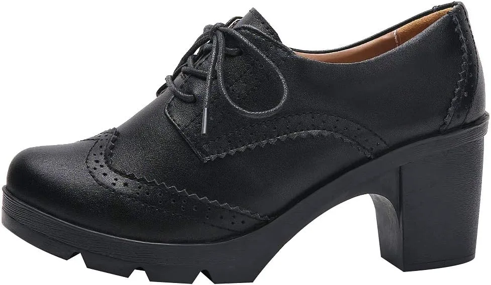 ANUFER Women's Block Heel Lace-Up Brogues Derby Shoes Pumps Dress Shoes