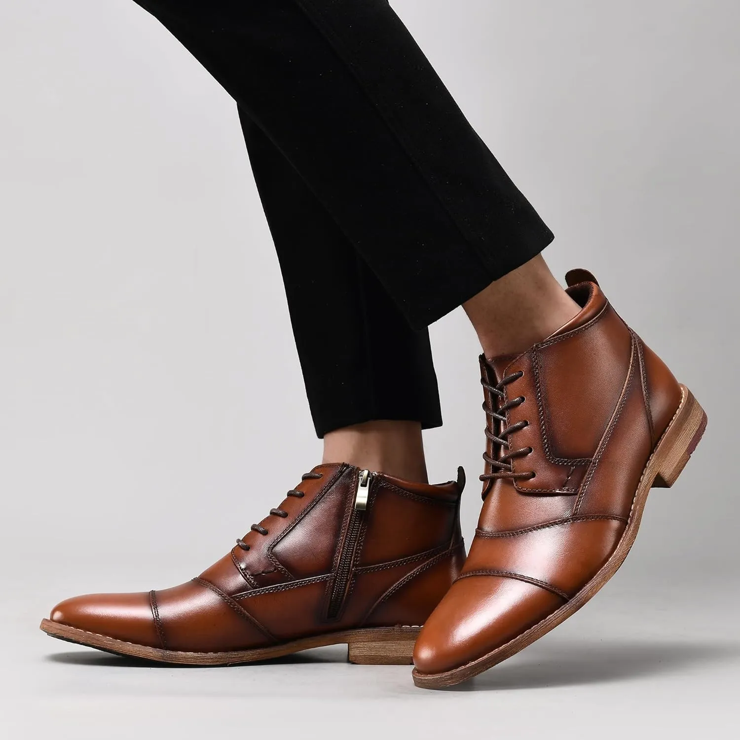 Arkbird Mens Oxford Leather Dress Boots Classic Cap Toe Side Zip Mid Top Casual Ankle Boots for Men