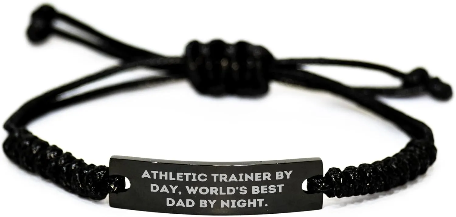 Athletic Trainer by Day, World's Best Dad by Night - Funny Rope Bracelet for Mom, Gifts from Men for Mother's Day, Adjustable Black Rope with Engraved Stainless Steel
