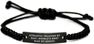 Athletic Trainer by Day, World's Best Dad by Night - Funny Rope Bracelet for Mom, Gifts from Men for Mother's Day, Adjustable Black Rope with Engraved Stainless Steel