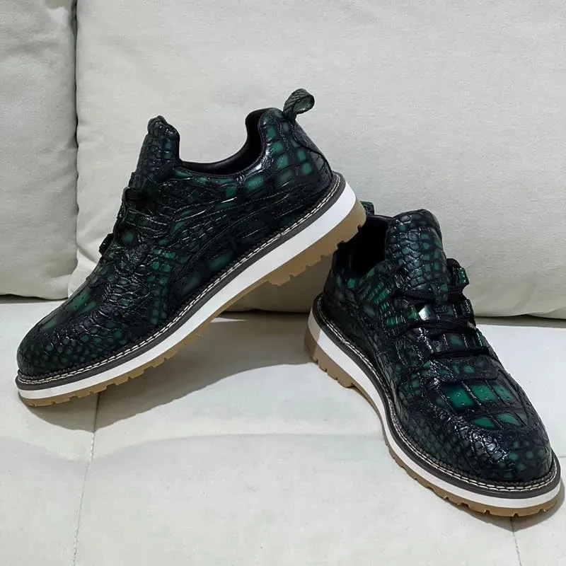 Authentic Exotic Crocodile Skin Men's Casual Green Brogue Derby Shoes Genuine Alligator Leather Male Lace-up Mid-top Dress Shoes