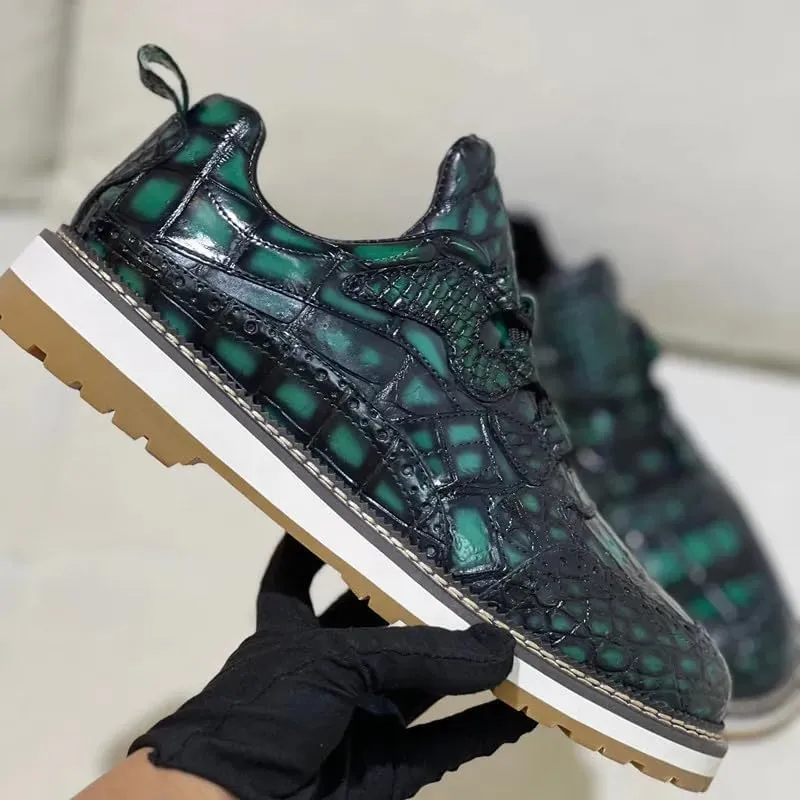 Authentic Exotic Crocodile Skin Men's Casual Green Brogue Derby Shoes Genuine Alligator Leather Male Lace-up Mid-top Dress Shoes