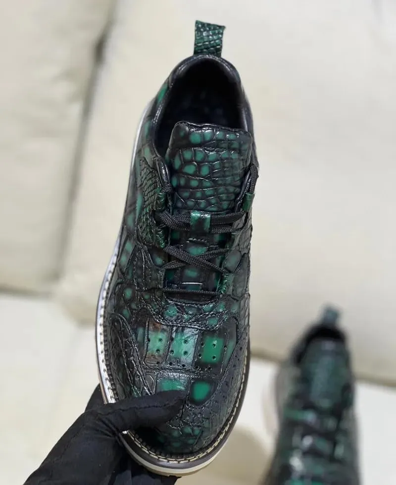 Authentic Exotic Crocodile Skin Men's Casual Green Brogue Derby Shoes Genuine Alligator Leather Male Lace-up Mid-top Dress Shoes