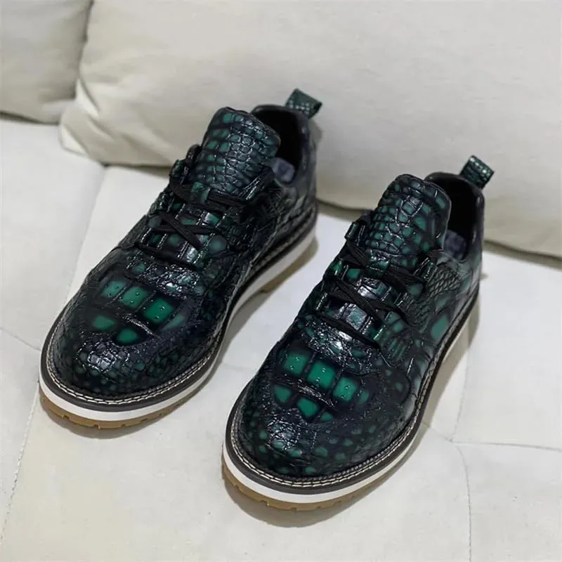 Authentic Exotic Crocodile Skin Men's Casual Green Brogue Derby Shoes Genuine Alligator Leather Male Lace-up Mid-top Dress Shoes