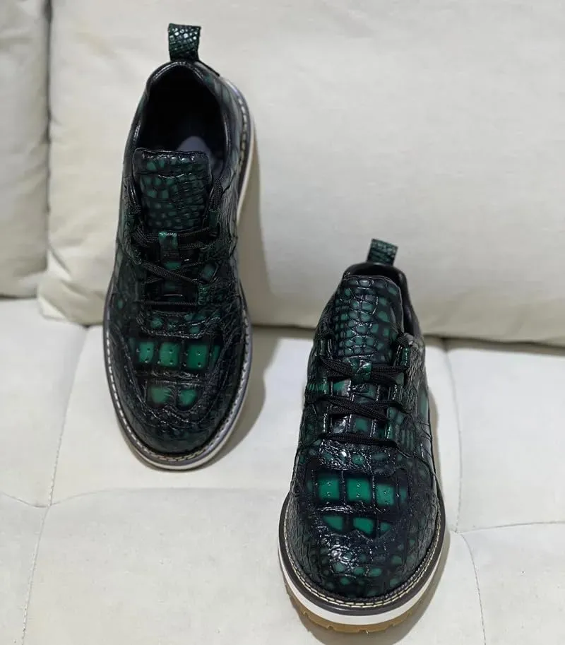 Authentic Exotic Crocodile Skin Men's Casual Green Brogue Derby Shoes Genuine Alligator Leather Male Lace-up Mid-top Dress Shoes