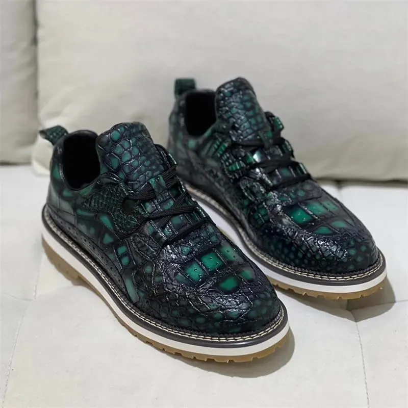 Authentic Exotic Crocodile Skin Men's Casual Green Brogue Derby Shoes Genuine Alligator Leather Male Lace-up Mid-top Dress Shoes