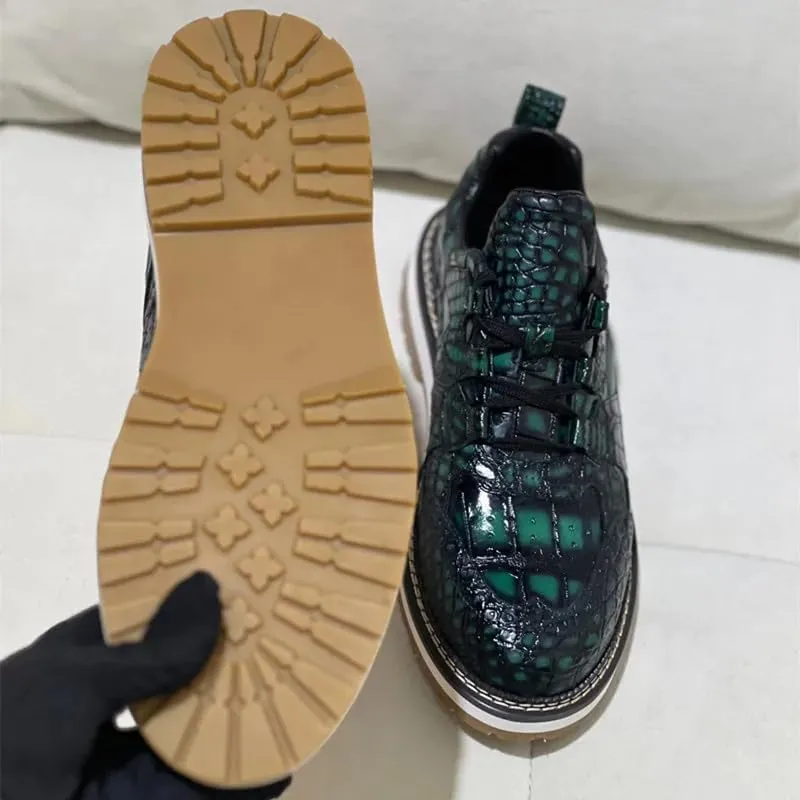 Authentic Exotic Crocodile Skin Men's Casual Green Brogue Derby Shoes Genuine Alligator Leather Male Lace-up Mid-top Dress Shoes