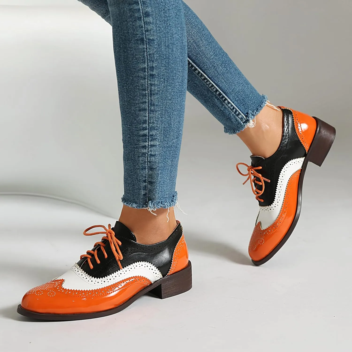 Brogue Derby Women Lace Up Low Block Heel Men Work Shoes