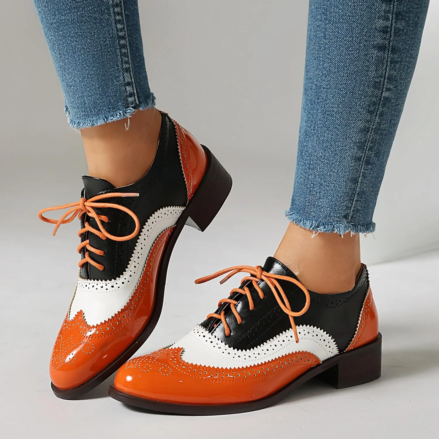 Brogue Derby Women Lace Up Low Block Heel Men Work Shoes