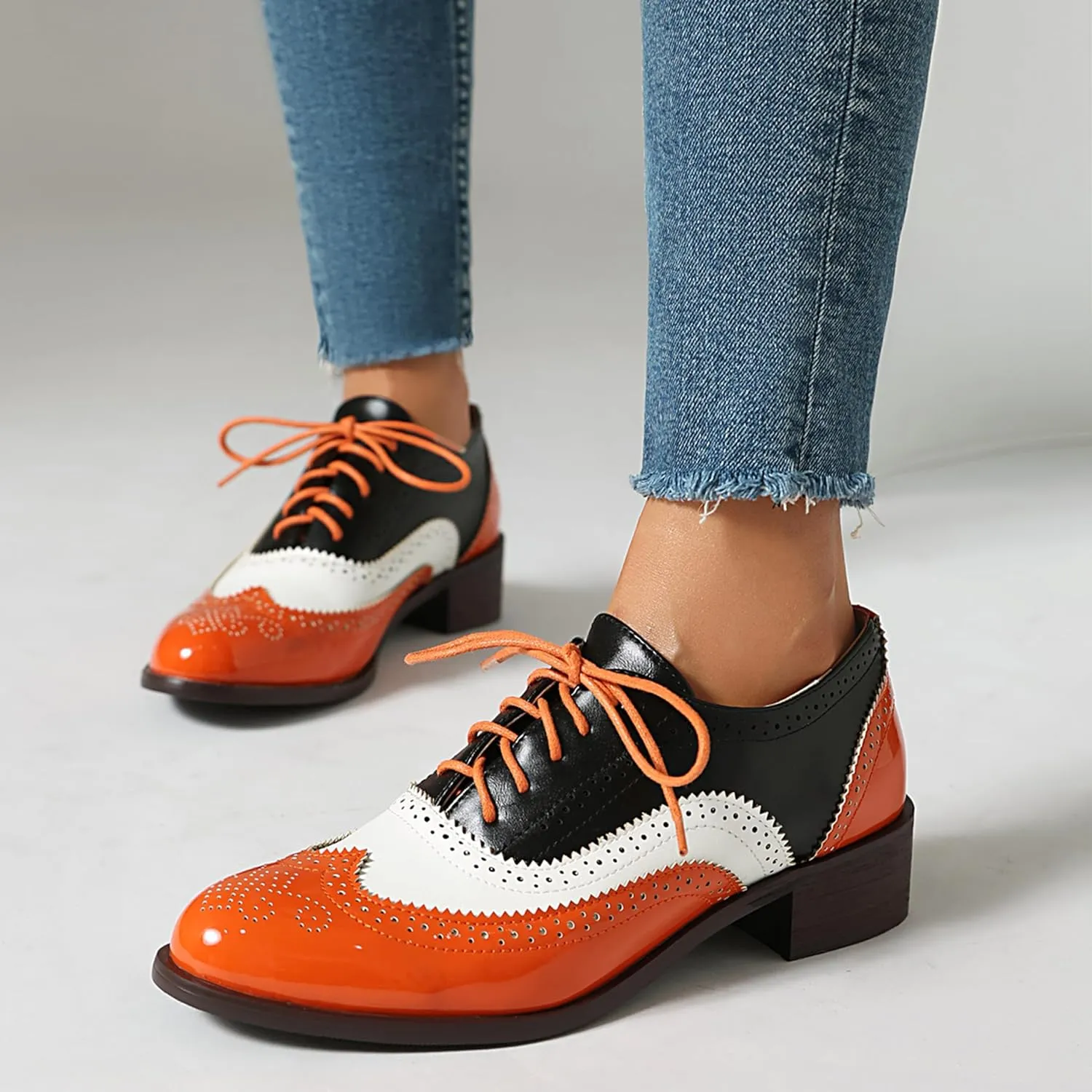 Brogue Derby Women Lace Up Low Block Heel Men Work Shoes