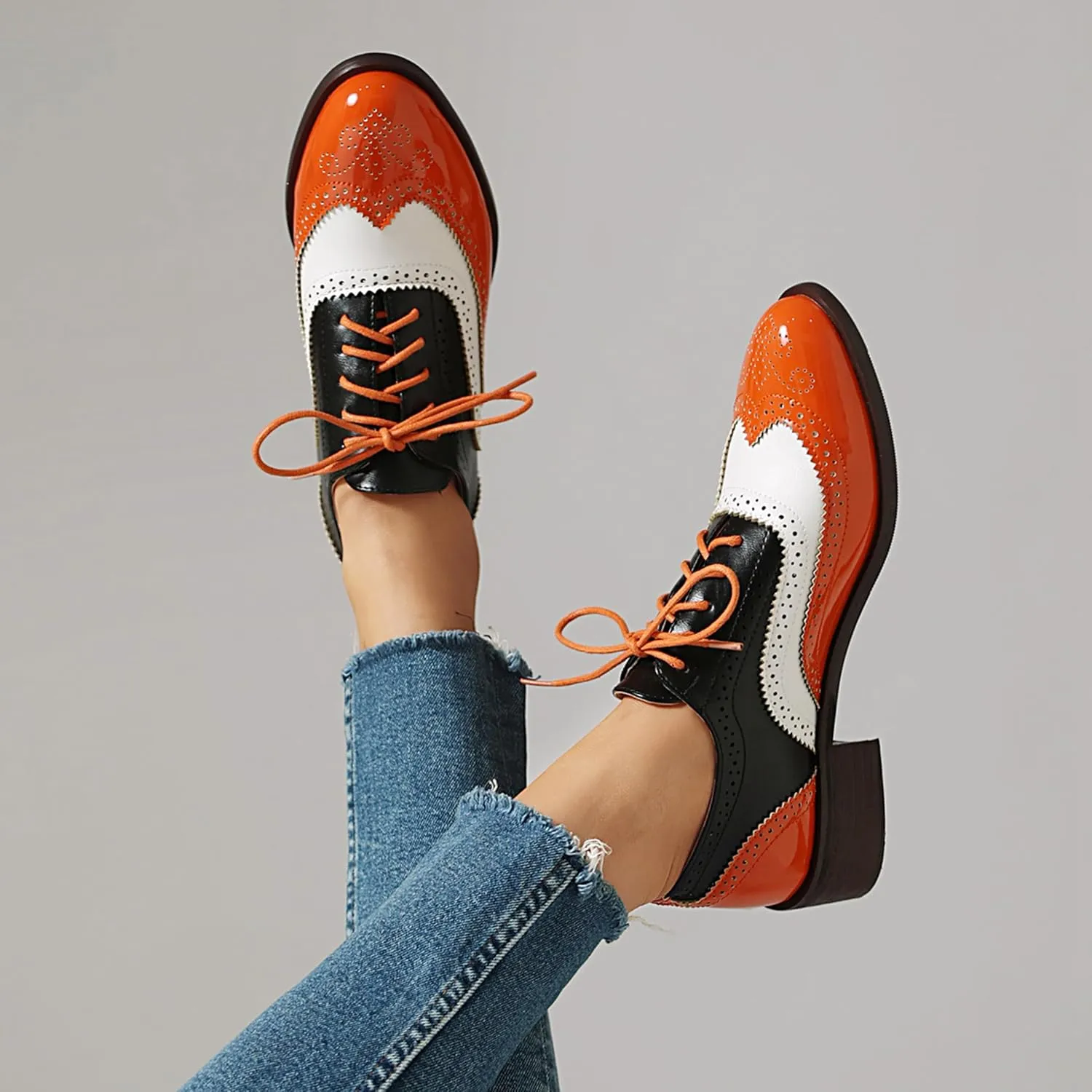 Brogue Derby Women Lace Up Low Block Heel Men Work Shoes