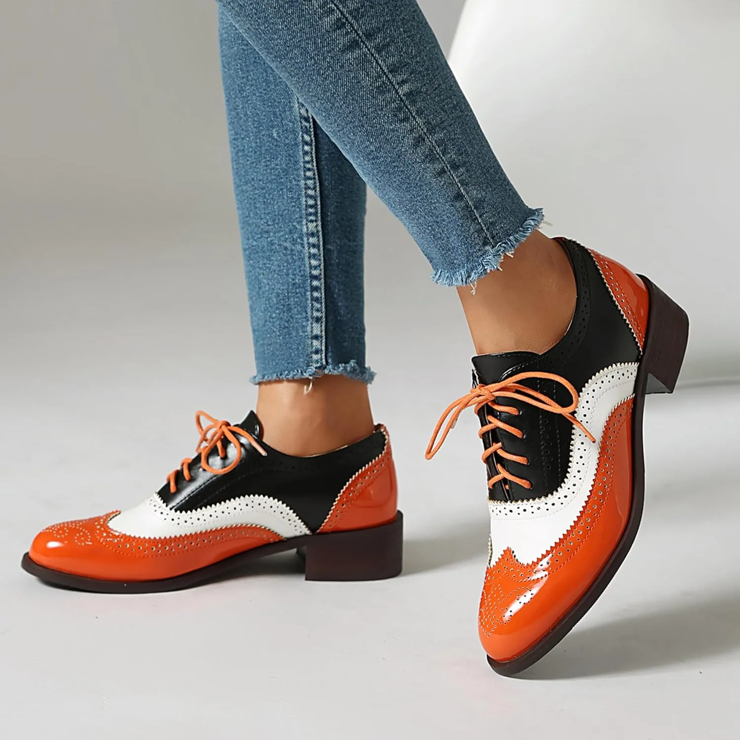 Brogue Derby Women Lace Up Low Block Heel Men Work Shoes