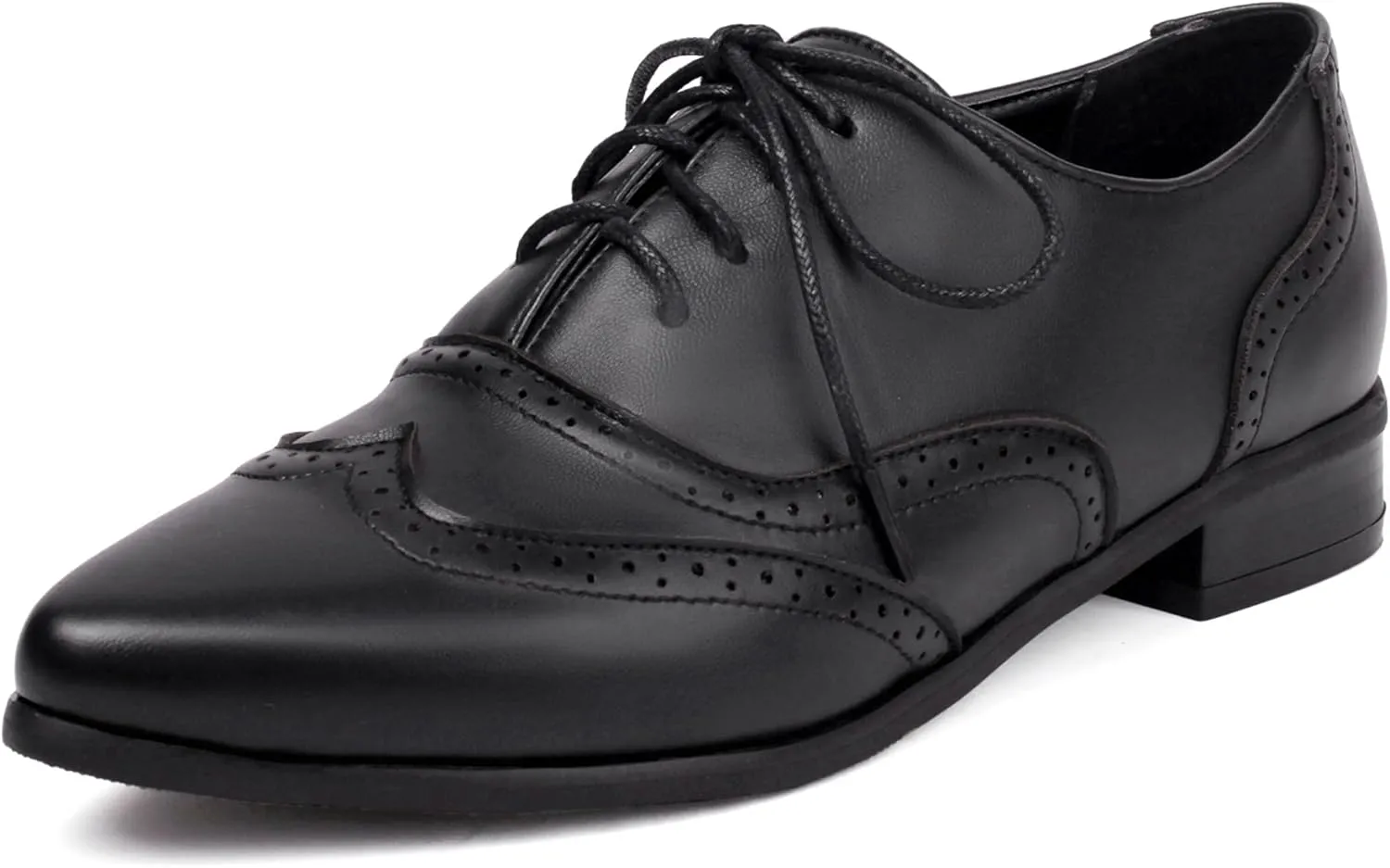 Brogue Women Pointed Toe Oxford Derby Low Block Heel