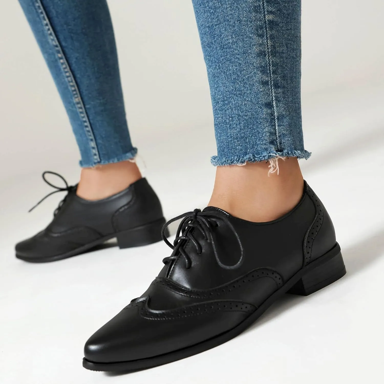 Brogue Women Pointed Toe Oxford Derby Low Block Heel