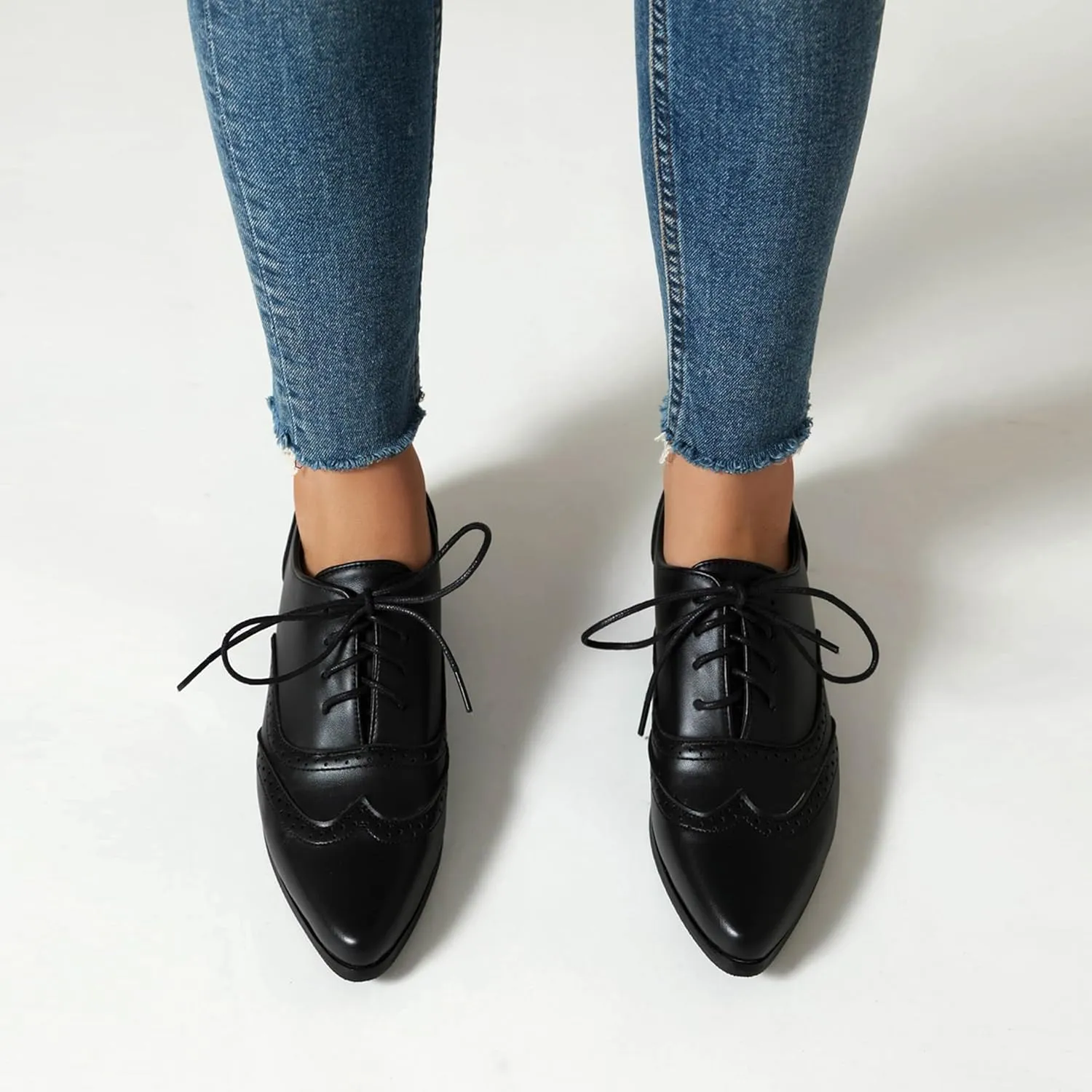 Brogue Women Pointed Toe Oxford Derby Low Block Heel