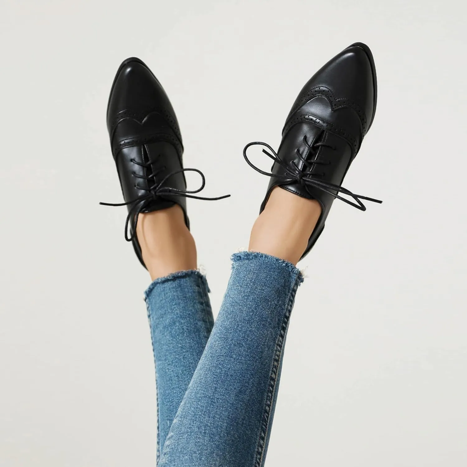 Brogue Women Pointed Toe Oxford Derby Low Block Heel