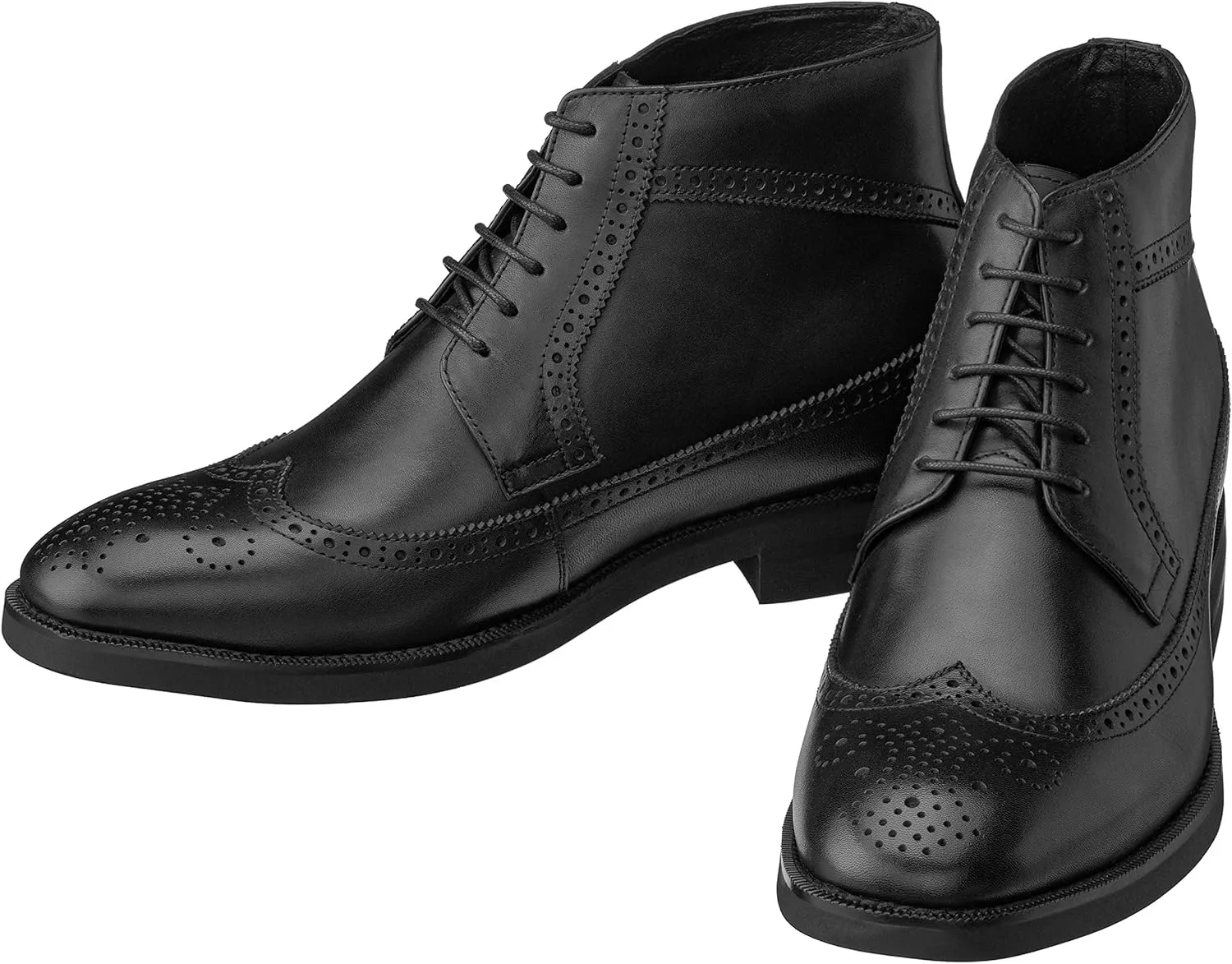 CALTO Men's Invisible Height Increasing Elevator Shoes - Black Premium Leather Lace-up Wing-Tip Dress Boots - 3.2 Inches Taller - S27001 - Size 12 D(M) US