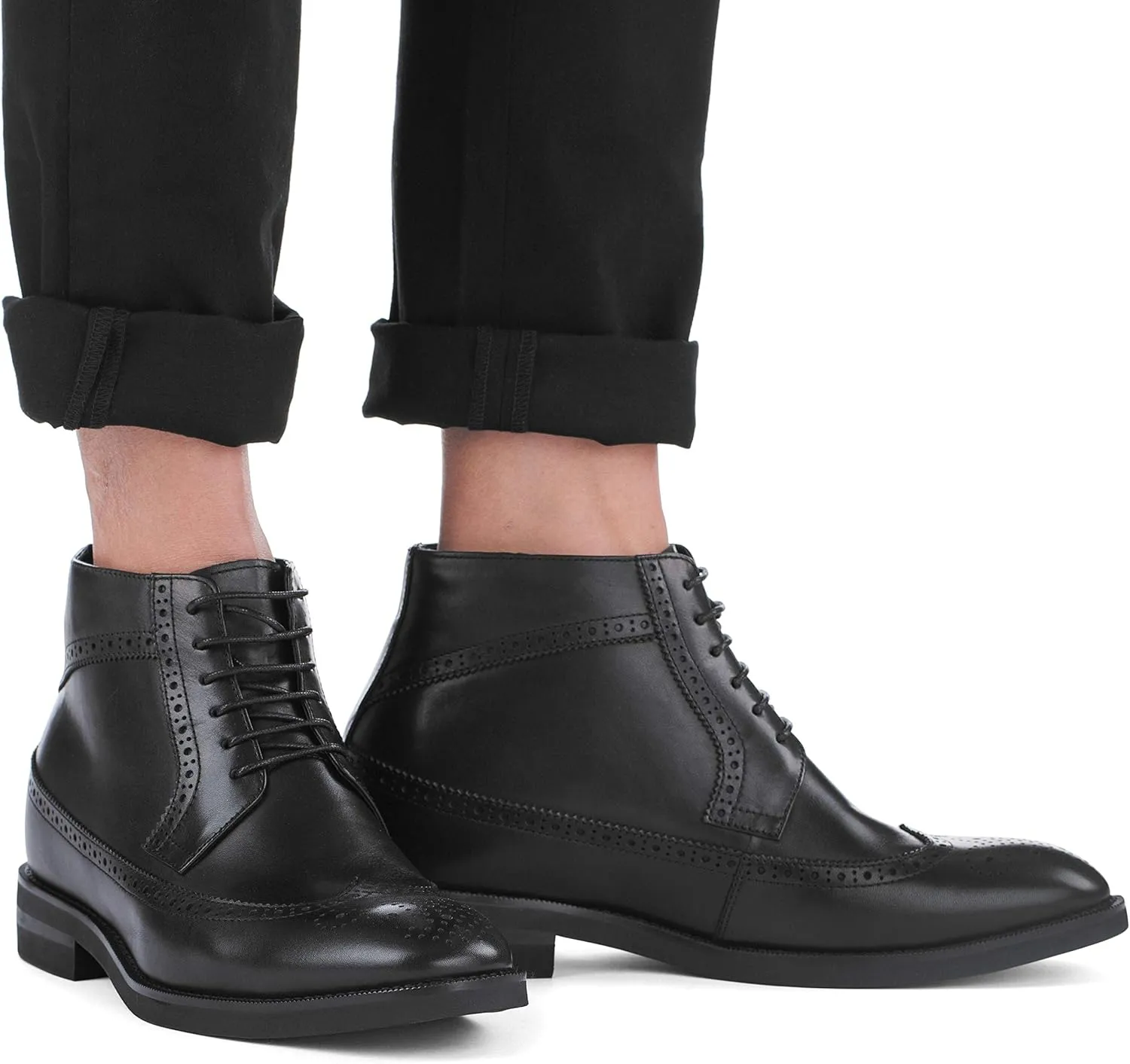 CALTO Men's Invisible Height Increasing Elevator Shoes - Black Premium Leather Lace-up Wing-Tip Dress Boots - 3.2 Inches Taller - S27001 - Size 12 D(M) US