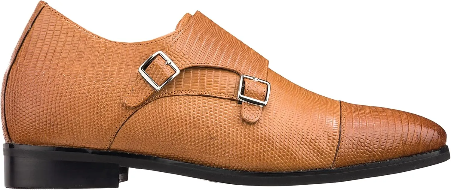 CALTO Men's Invisible Height Increasing Elevator Shoes - Brown Leather Slip-on Dual Monk Straps Formal Loafers- 2.8 Inches Taller - K3115 - Size 12 D(M) US