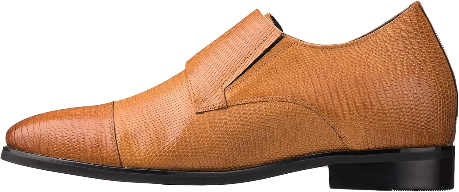 CALTO Men's Invisible Height Increasing Elevator Shoes - Brown Leather Slip-on Dual Monk Straps Formal Loafers- 2.8 Inches Taller - K3115 - Size 12 D(M) US