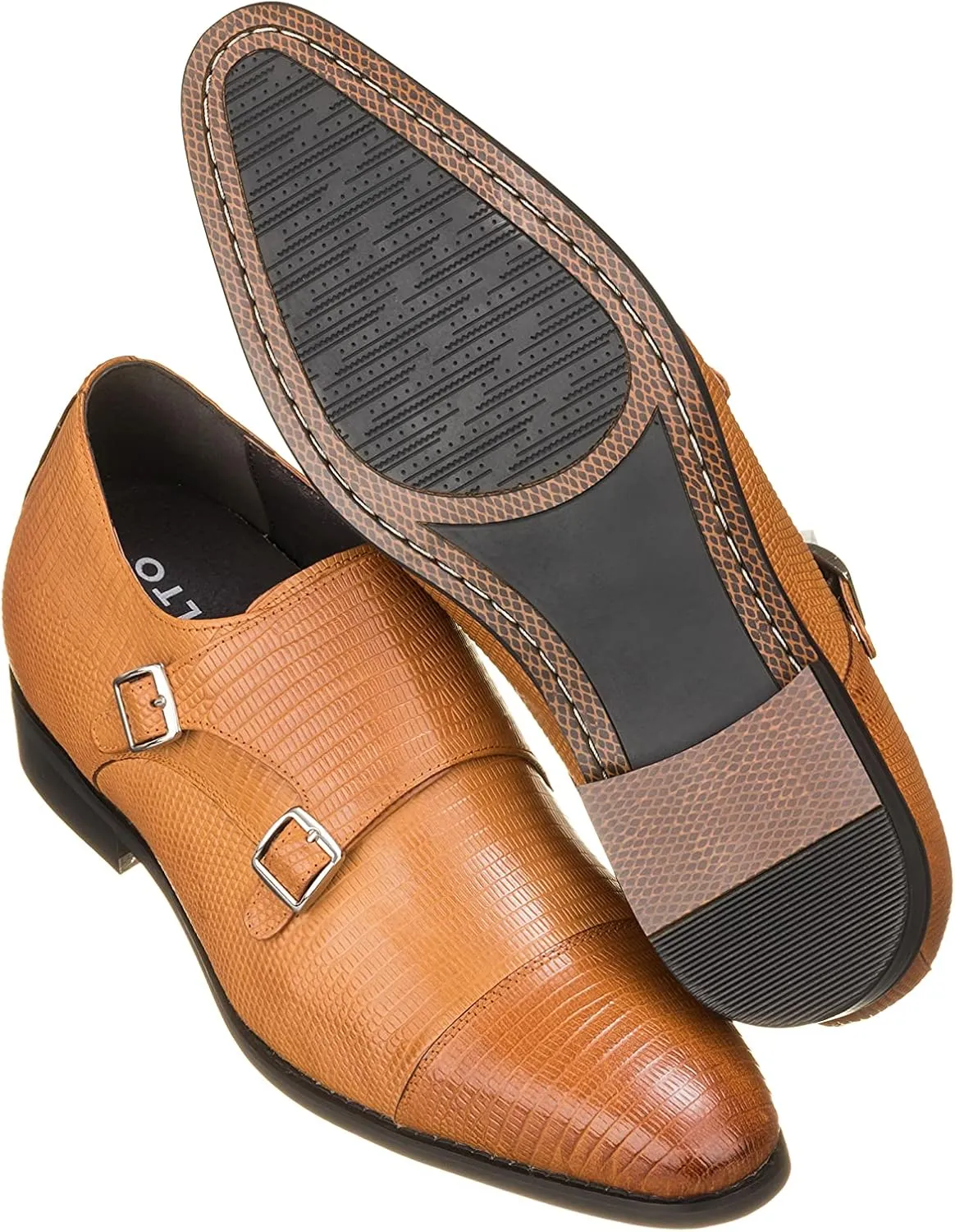 CALTO Men's Invisible Height Increasing Elevator Shoes - Brown Leather Slip-on Dual Monk Straps Formal Loafers- 2.8 Inches Taller - K3115 - Size 12 D(M) US