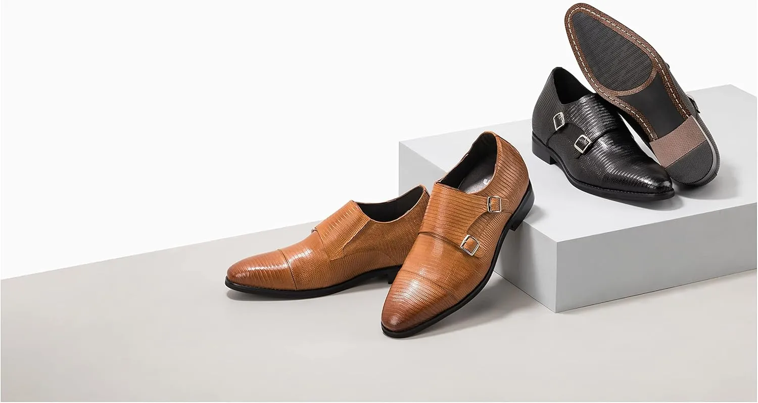 CALTO Men's Invisible Height Increasing Elevator Shoes - Brown Leather Slip-on Dual Monk Straps Formal Loafers- 2.8 Inches Taller - K3115 - Size 12 D(M) US