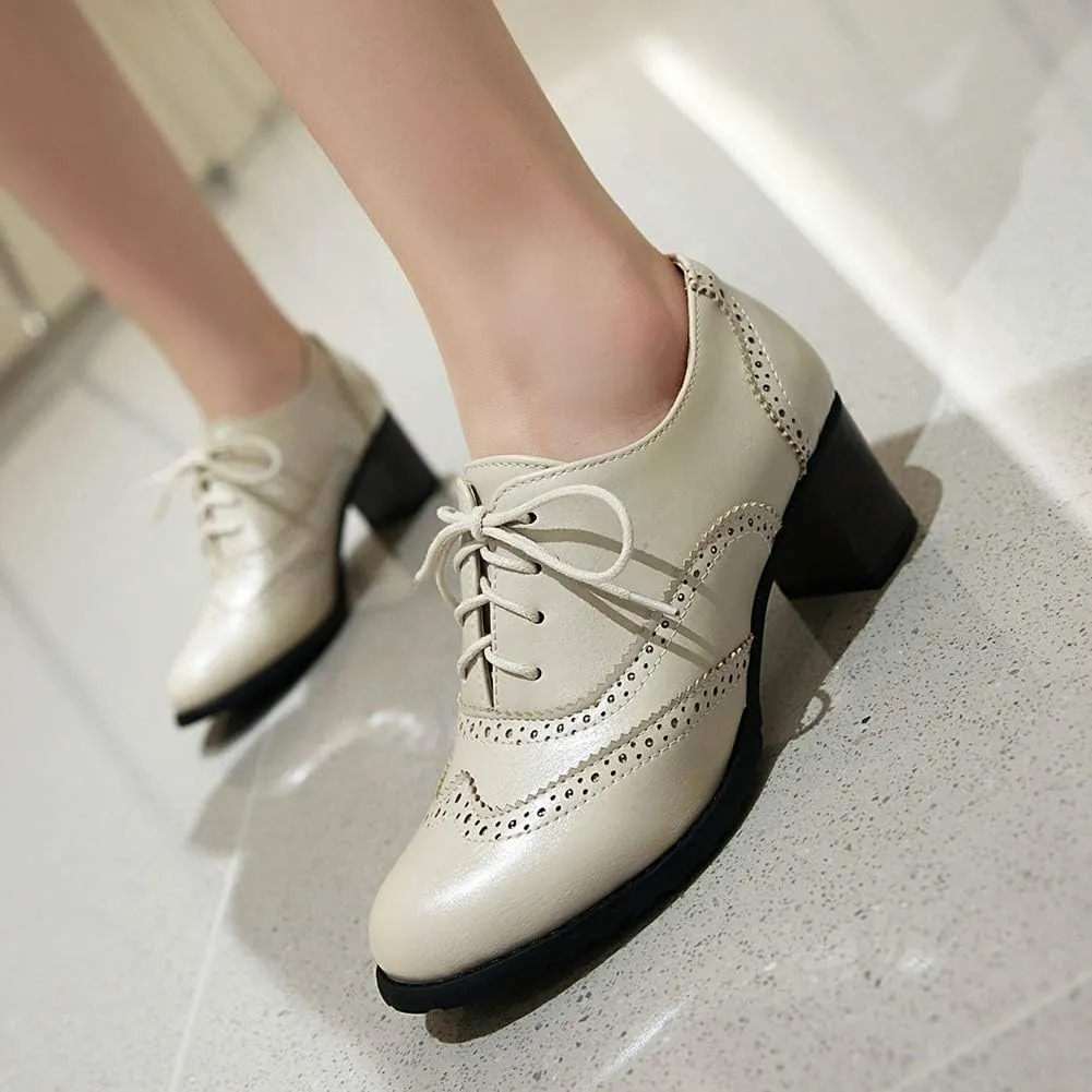 CYNLLIO Women's Vintage Wingtips Lace up Oxfords Brogues Shoes Mid Chunky Heels Pumps Perforated Dress Saddle Shoes