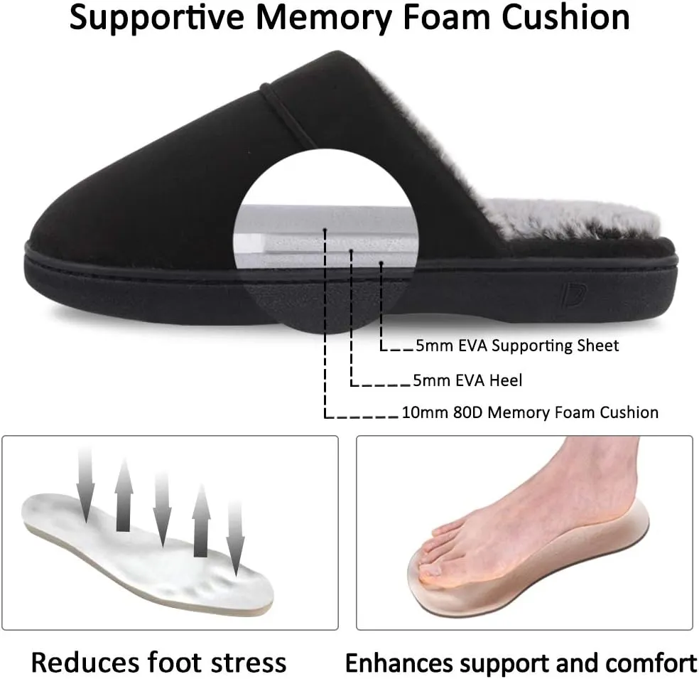DL Men's Memory Foam Slippers with Fuzzy Plush Lining, Slip on House Slippers with Indoor Outdoor Anti-Skid Rubber Sole