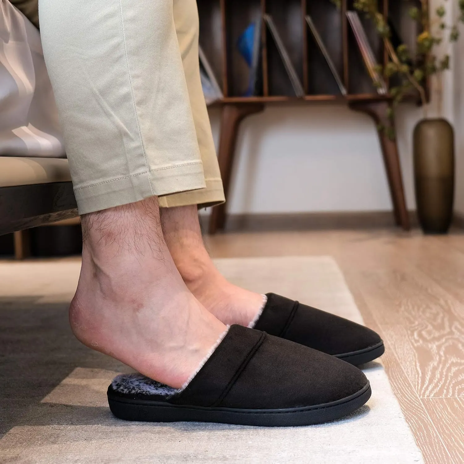 DL Men's Memory Foam Slippers with Fuzzy Plush Lining, Slip on House Slippers with Indoor Outdoor Anti-Skid Rubber Sole
