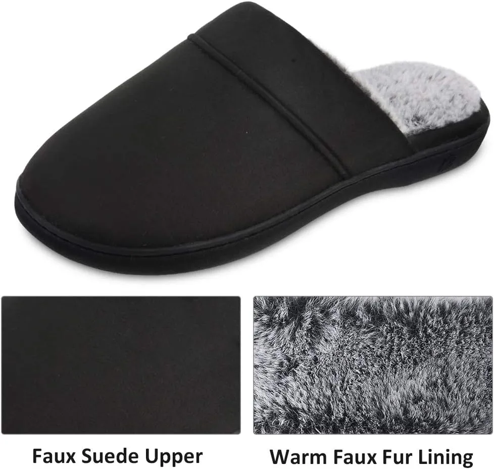 DL Men's Memory Foam Slippers with Fuzzy Plush Lining, Slip on House Slippers with Indoor Outdoor Anti-Skid Rubber Sole
