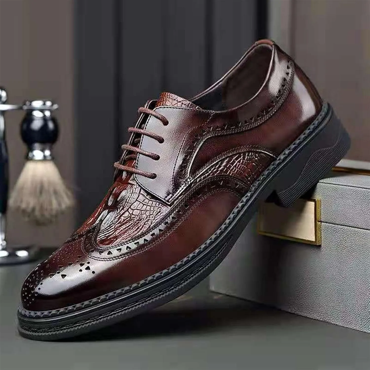 Dress Oxford Formal Shoes for Men Lace Up Derby Shoes Brogue Embossed Wing Tip Crocodile Embossed Leather Anti-Slip Slip Resistant Rubber Sole Suitable for Many Occasions.