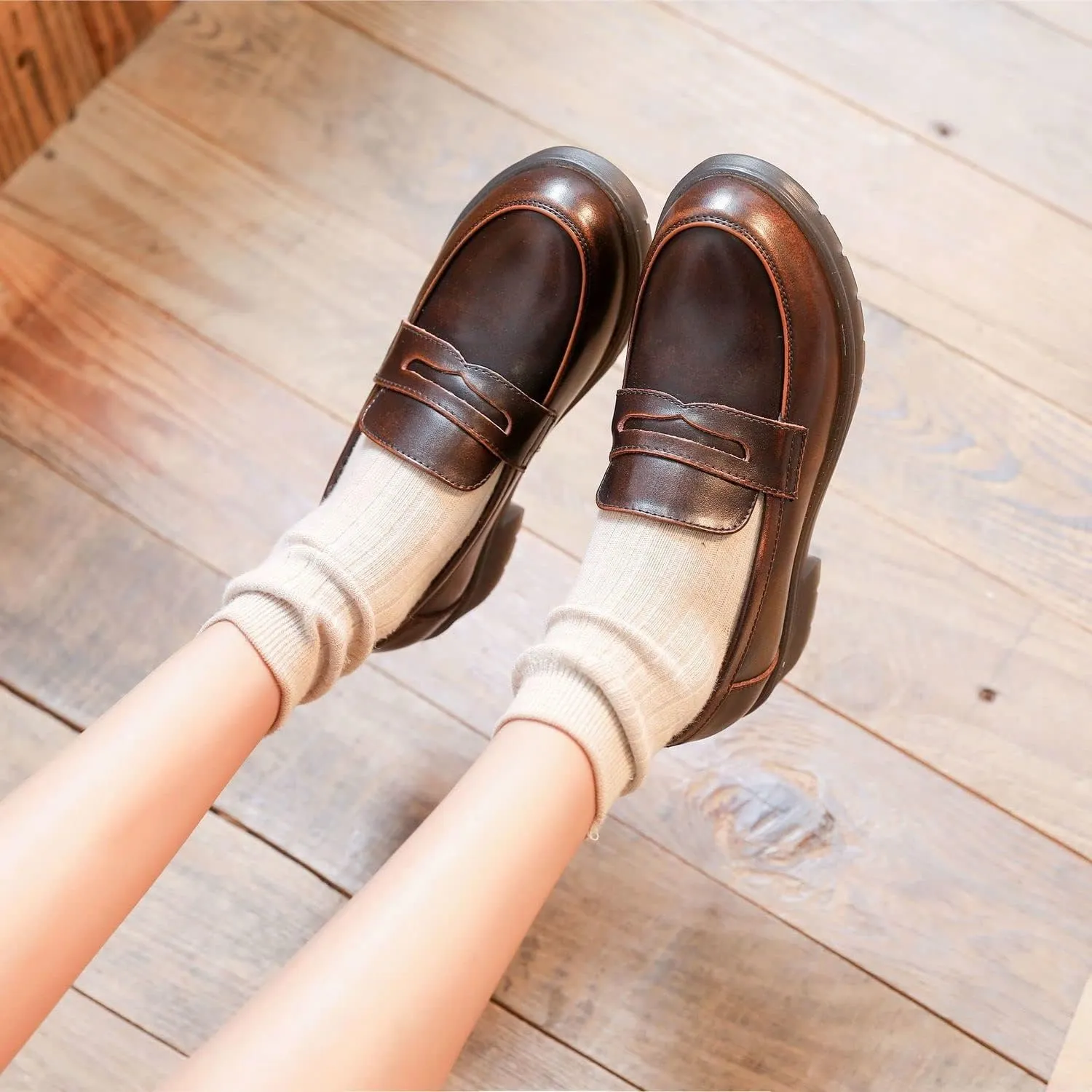 Duberess Women's Leather Penny Loafer Casual Flat Uniform Dress Shoes for Women Ladies and Girls