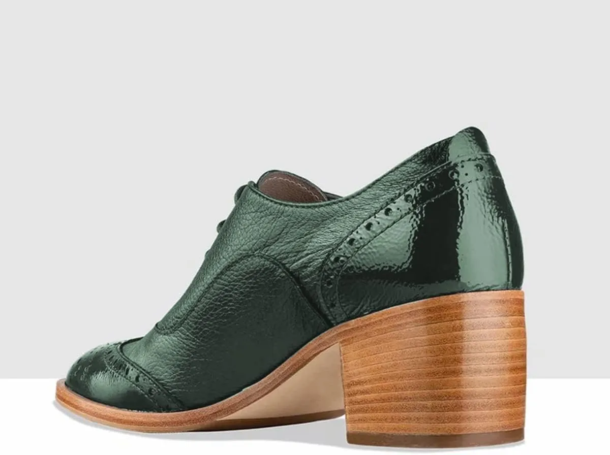FOWT Women's Perforated Lace-Up Oxfords Almond Toe Mid Chunky Heel Brogues Casual Unisex Derby Saddle Shoes for Office Vacation Business US Size 4-16