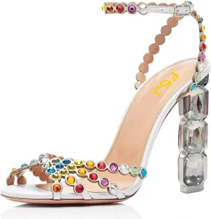 FSJ Women Jeweled High Heel Sandals Rhinestones Diamonds Chunky Block Heel Ankle Strap Buckle Open Toe Fashion Party Evening Wedding Dress Shoes Size 4-15 US
