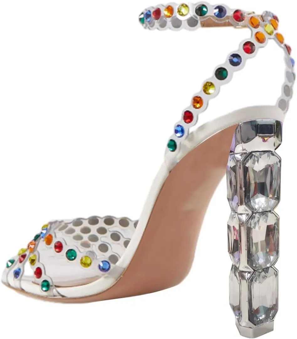 FSJ Women Jeweled High Heel Sandals Rhinestones Diamonds Chunky Block Heel Ankle Strap Buckle Open Toe Fashion Party Evening Wedding Dress Shoes Size 4-15 US
