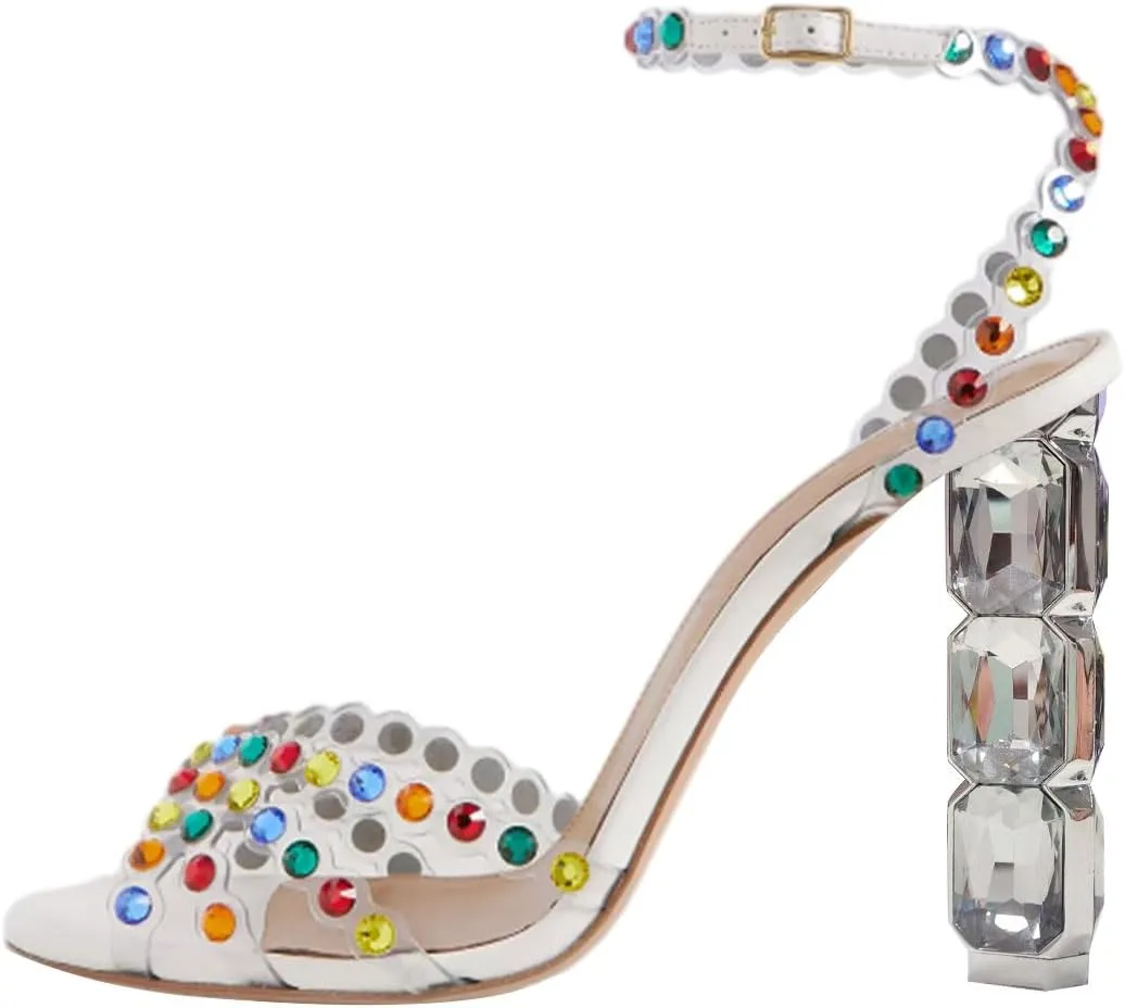 FSJ Women Jeweled High Heel Sandals Rhinestones Diamonds Chunky Block Heel Ankle Strap Buckle Open Toe Fashion Party Evening Wedding Dress Shoes Size 4-15 US