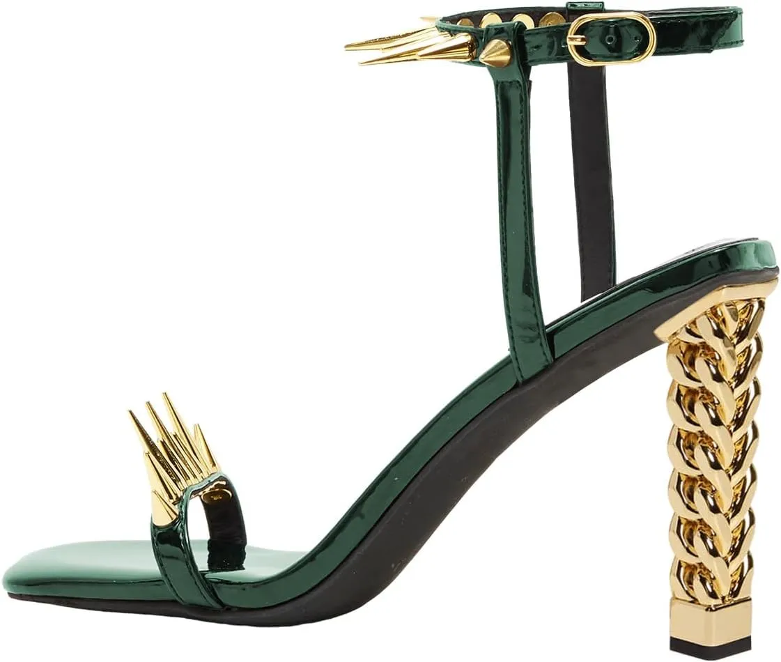 FSJ Women Strappy Sandals with Spikes Heel Gold Chain Chunky High Heel Square Open Toe Ankle Strap Sandals Rivet Studded Party Shopping Holiday Shoes Size 4-16 US