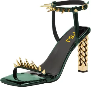 FSJ Women Strappy Sandals with Spikes Heel Gold Chain Chunky High Heel Square Open Toe Ankle Strap Sandals Rivet Studded Party Shopping Holiday Shoes Size 4-16 US