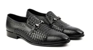 Handmade Men Black Handm knitted leather moccasins, Black Loafer