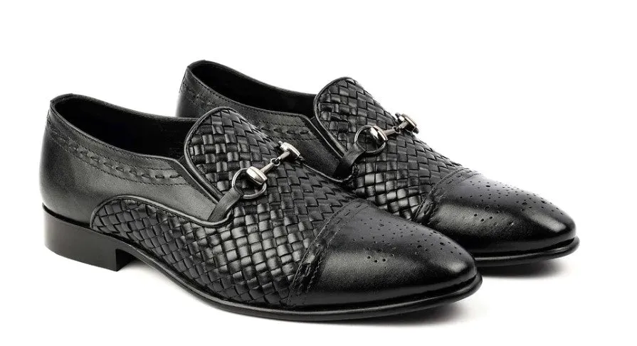 Handmade Men Black Handm knitted leather moccasins, Black Loafer
