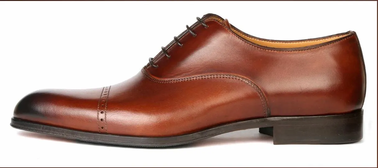 Handmade Tan Brown Leather Cap Toe Oxford Shoes for Men