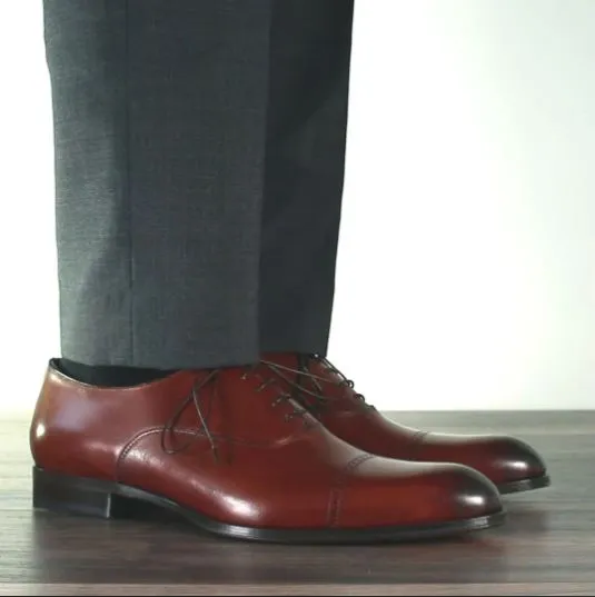 Handmade Tan Brown Leather Cap Toe Oxford Shoes for Men
