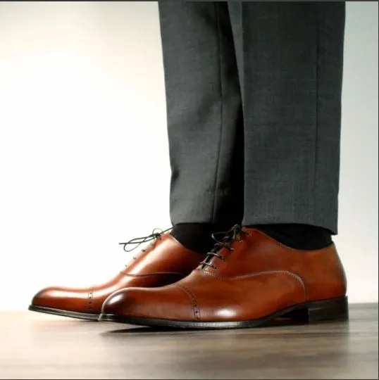 Handmade Tan Brown Leather Cap Toe Oxford Shoes for Men