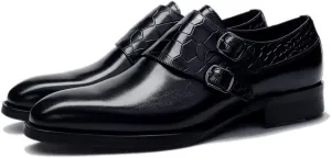 HOOENG Dress Oxford for Men Slip on Double Monk Strap Crocodile Brocaded Round Toe Cowhide Low Top Block Heel Slip Resistant Walk (Color : Black, Size : 10.5)