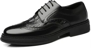 HOOENG Formal Oxford Shoes for Men Lace Up Derby Shoes Brogue Embossed Wing Tip Crocodile Embossed Leather Anti-Slip Non Slip Low Top Rubber Sole Business (Color : Black, Size : 7.5)