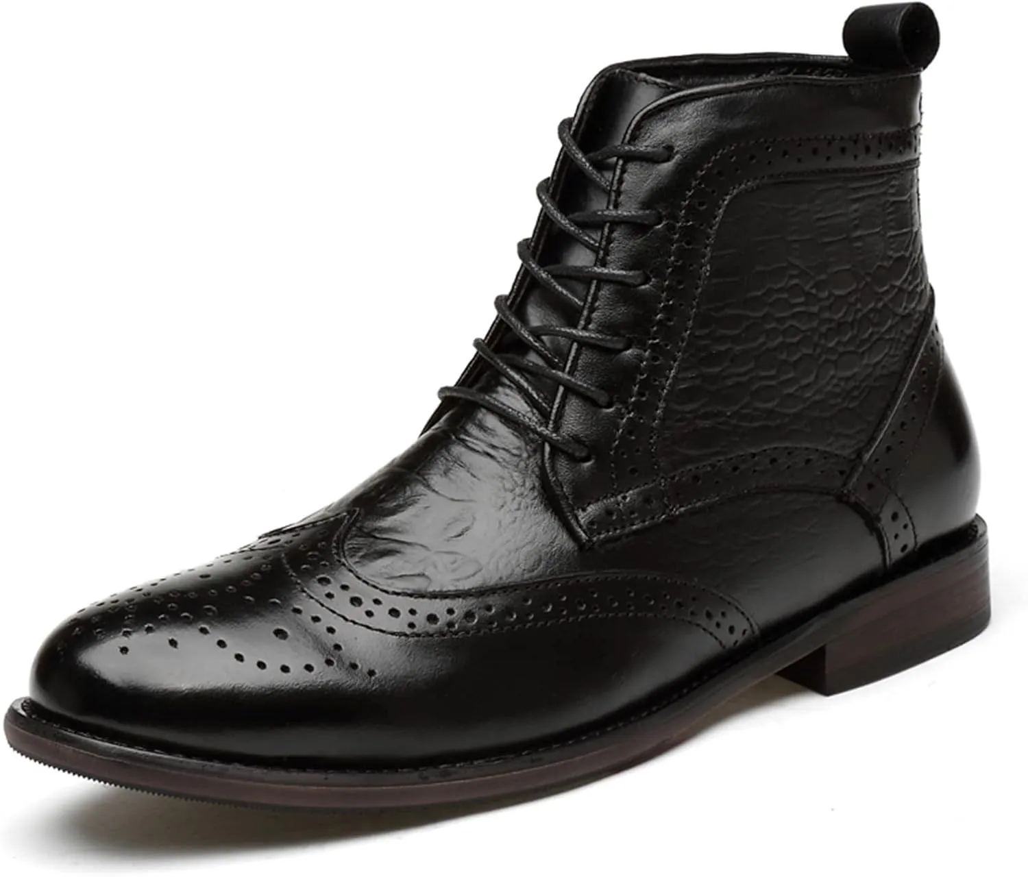 HOOENG Round Toe Lace Up Boots for Men Derby Burnished Toe Carved Brogue Win Tip Crocodile Print Cowhide Leather Anti-Slip Waterproof Stylish Dress